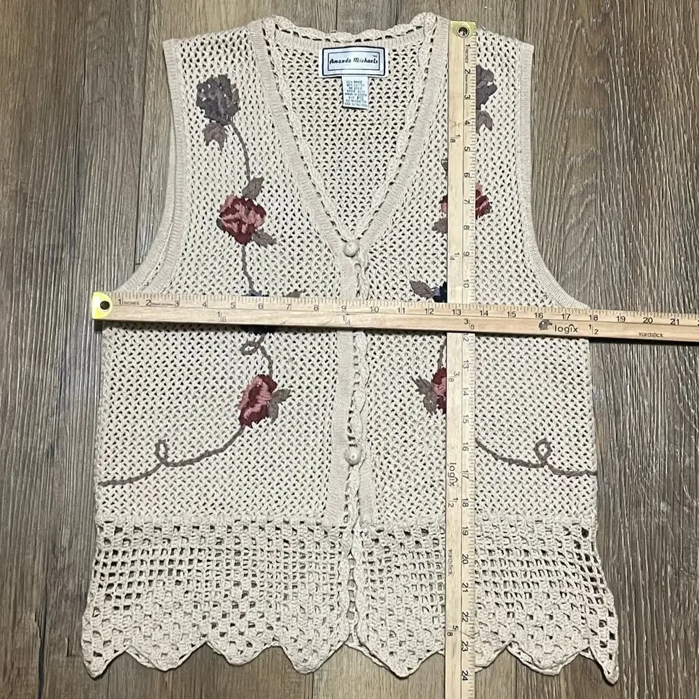 VTG Crochet Knit Floral Boho Vest Small Cream Ramie Cotton Cottagecore Hippie - Picture 7 of 7